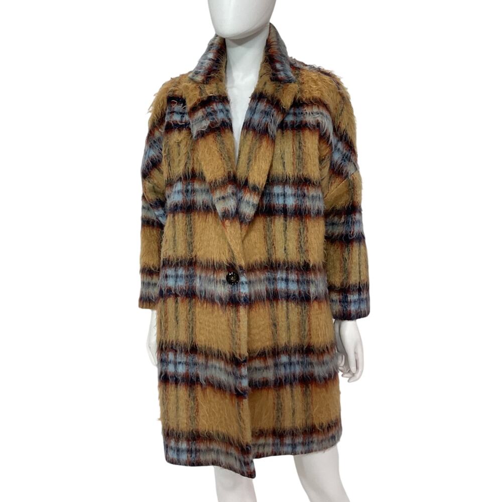 Anthropologie Brushed Plaid Yellow Motif Overcoat Outerwear Size S - Picture 2 of 5